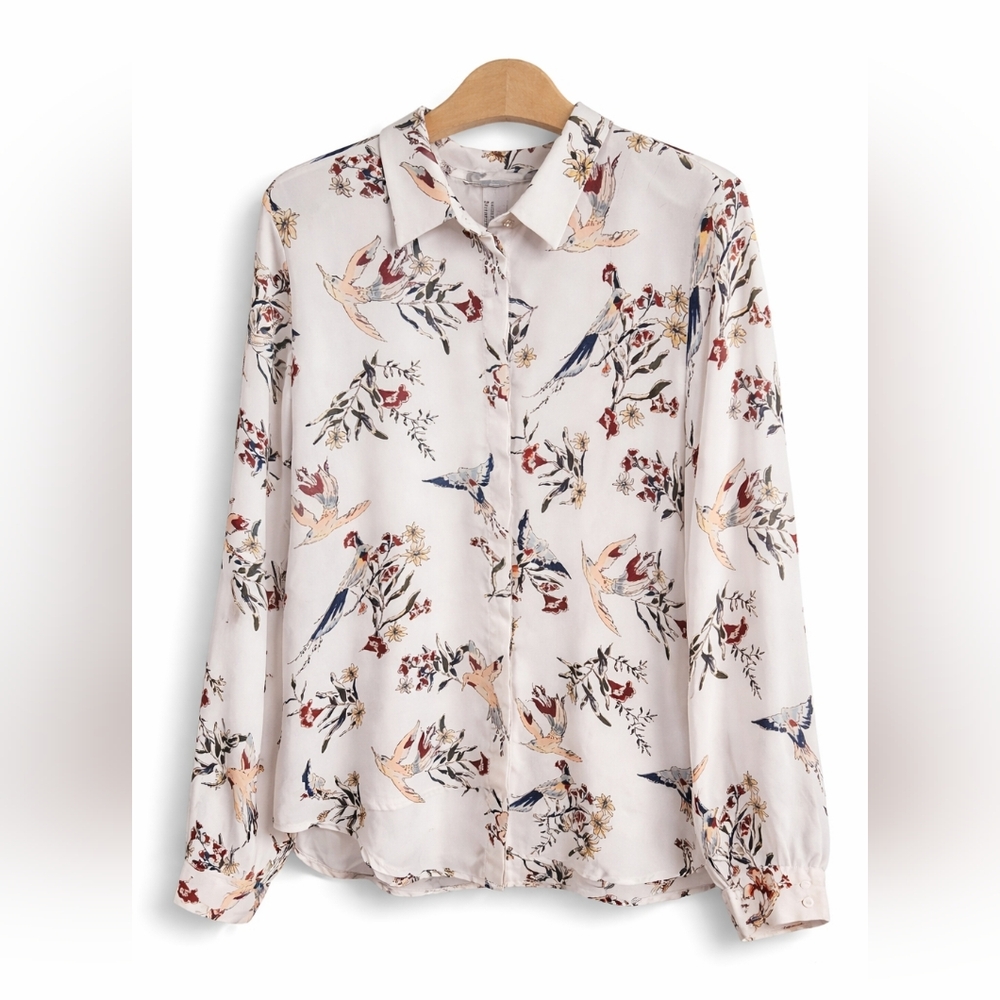 ⭐️ H&M Cream, Floral and Bird Print Blouse - size 10